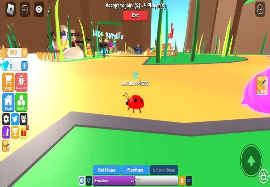 A insect character in a field of flowers flying around other insects in the Roblox game Little World. | roblox top adventure games